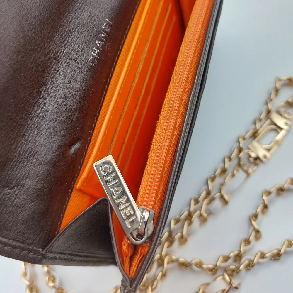 CHANEL Black & Tan Quilted Wallet-on-Chain with Gold Chain